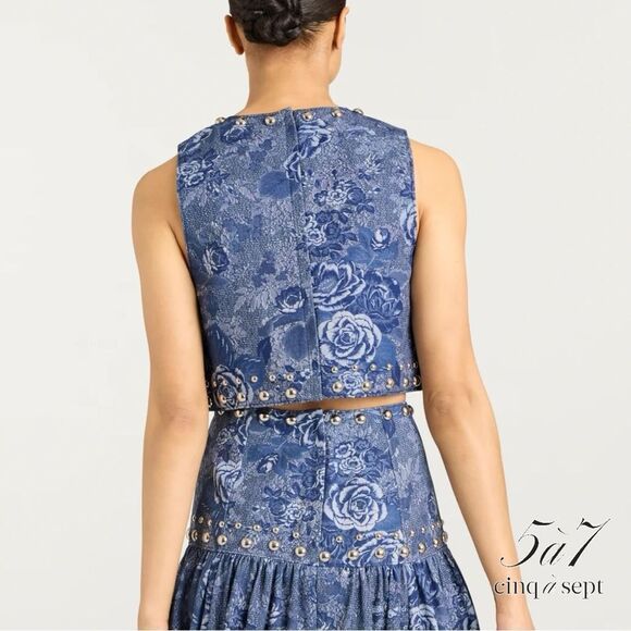 Cinq à Sept **NWT** Maia Studded Crop Top in Indigo Blue Floral - Picture 4 of 9